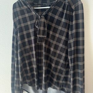 Ann Taylor Black & Tan Plaid Tie Neck Blouse